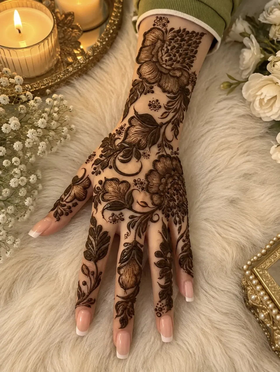 Aesthetic Arabic Back Hand Mehndi Design with Flowers (43)