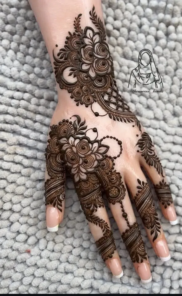 Aesthetic Arabic Back Hand Mehndi Design with Flowers (44)
