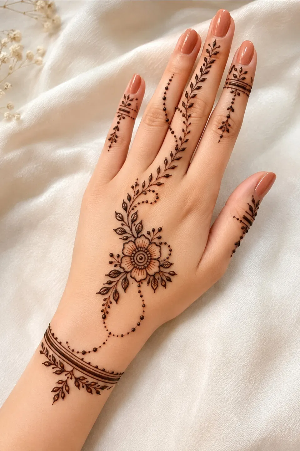 Aesthetic Simple Back Hand Mehndi Design with Flowers (2)