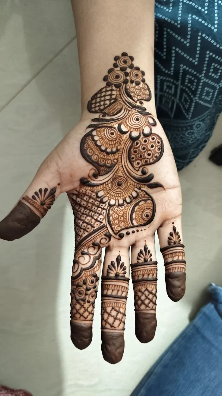 Bridal Front Hand Mehndi Design with Bel and Gol Tikki