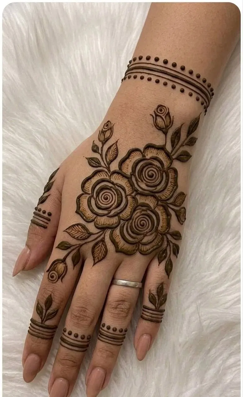 Aesthetic Arabic Back Hand Mehndi Design with Bel and Flowers (14)