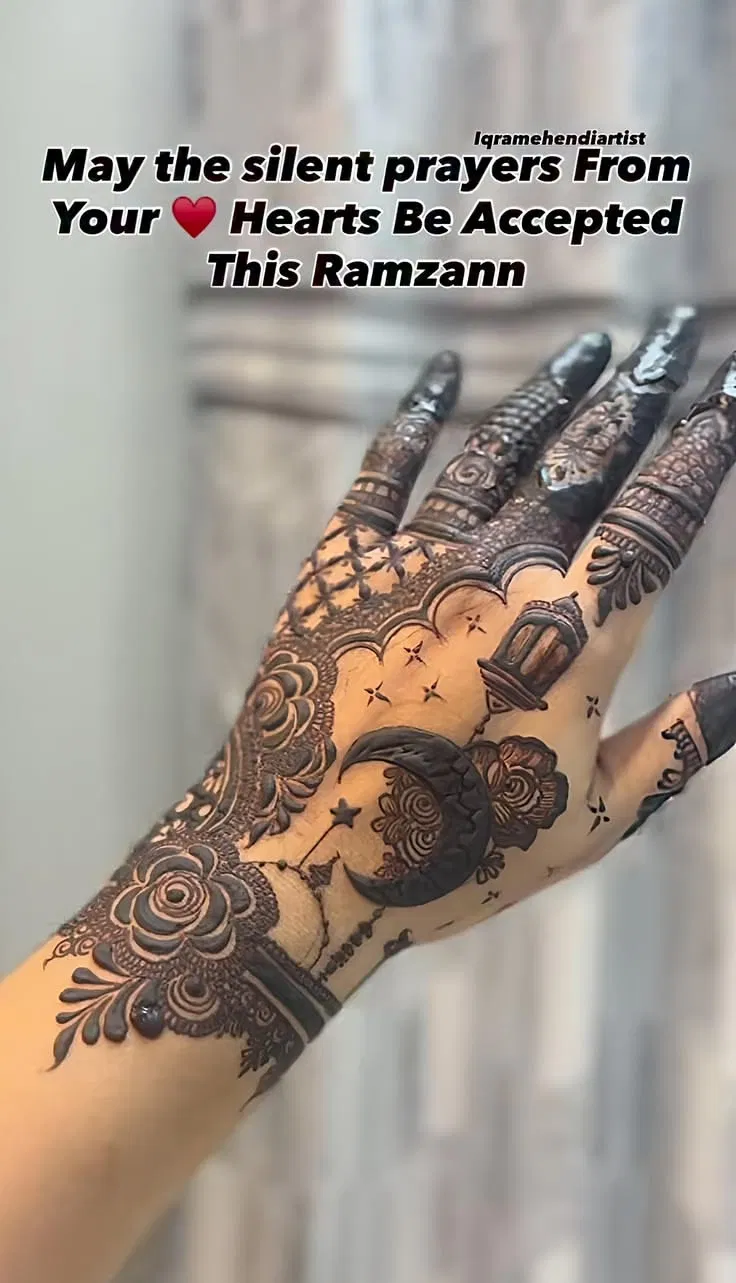 Bridal Back Hand Mehndi Design with Deity and Hearts
